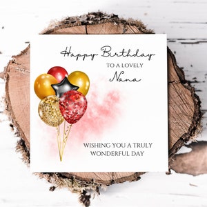 Tarjeta de cumpleaños de Nana con globos rojos, negros y dorados, bonita tarjeta de diseño de globos para una encantadora Nana, regalos de cumpleaños para Nana