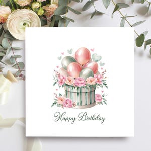 Biglietto di auguri di buon compleanno per sorella, amica, zia, nonna, nipote, nipote, mamma, cugina, bellissimo biglietto con scatola per cappelli e palloncino per lei
