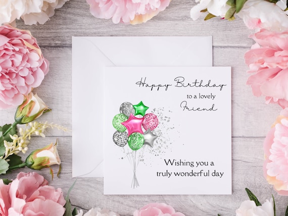 Lovely Friend Birthday Card With Glam Pink Green Silver Balloon, Pretty Birthday Card High Quality Print On Linen Card For Luxury Finish