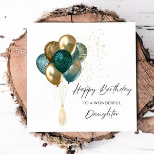 Biglietto di auguri per il compleanno della figlia con un mazzo di palloncini con stampa animalier color verde acqua, per un meraviglioso biglietto di auguri per il compleanno della figlia
