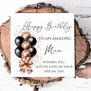 Cartão de aniversário para mãe com buquê de balões pretos e dourados, lindo cartão de aniversário para uma mãe maravilhosa, cartões de aniversário para ela