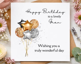 Gran Birthday Card, Black, Copper and Silver Balloon Design, Handmade Card For Gran, Granny, Grandma