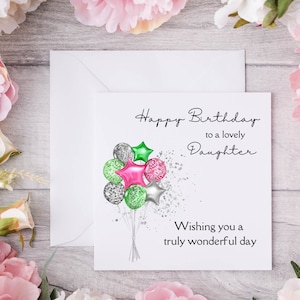 Adorabile biglietto di auguri per il compleanno della figlia con palloncino rosa verde argento glamour, grazioso biglietto di auguri di compleanno, stampa di alta qualità su carta di lino per una finitura di lusso