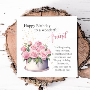 Verjaardagskaart mooie vriend met mooie roze roos bloembak, prachtige kaart met gedicht voor vriend voor haar verjaardag, kaarten voor vrienden en cadeaus
