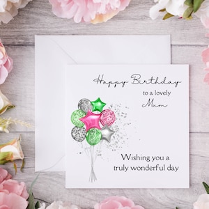 Adorabile biglietto di auguri per il compleanno della mamma con palloncino rosa verde argento glamour, grazioso biglietto di auguri di compleanno, stampa di alta qualità su cartoncino di lino per una finitura di lusso.