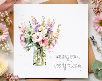 Tarjeta de pronta recuperación, tarjeta floral de recuperación, elegante tarjeta de felicitación con ramo de flores, tarjeta de buenos deseos para tu recuperación.