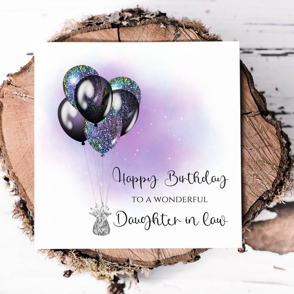 Daughter In Law Birthday Card For Her With Printed Glitzy Balloon Design, Pretty Birthday Card For A Lovely Daughter In Law