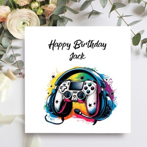 Carte d'anniversaire pour contrôleur de jeu et casque, carte d'anniversaire personnalisée pour fils, petit-fils, neveu, carte d'anniversaire pour amateurs de jeux vidéo