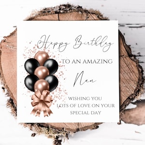 Tarjeta de cumpleaños para Nan con manojo de globos de oro negro y rosa, bonita tarjeta de cumpleaños para una maravillosa Nan, tarjetas de cumpleaños para ella