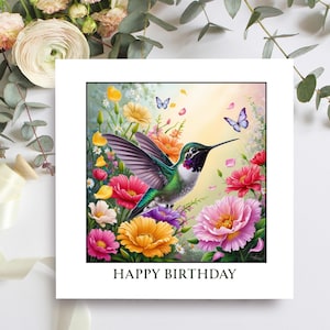 Cartão de aniversário para ela com beija-flor, cartão com design floral brilhante inspirado na natureza para mãe, irmã, amiga, cartão de aniversário feito à mão para mulher
