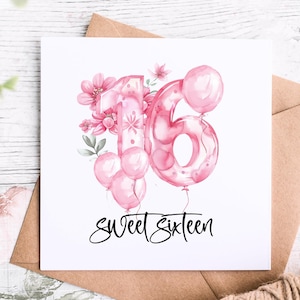 Jolie carte d'anniversaire ballon rose Sweet Sixteen pour fille, nièce, amie, petite-fille, fille qui fête ses 16 ans, carte pour ses 16 ans