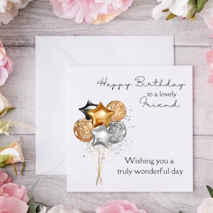 Adorabile biglietto di auguri di compleanno per amici con un mazzo di palloncini color rame, nero e argento scintillanti, che ti augura una giornata davvero meravigliosa. Biglietto di auguri stampato di compleanno
