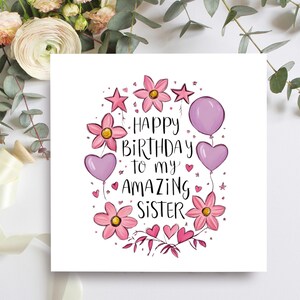 Carte d'anniversaire soeur, joyeux anniversaire à une soeur incroyable avec un design ballon rose et lilas, cartes d'anniversaire pour elle