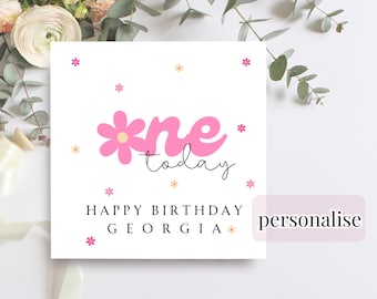 Cartão de aniversário personalizado para menina, com estampa floral rosa de margaridas.