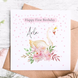 Cartão de primeiro aniversário para meninas personalizado com nome, cartão de primeiro aniversário da princesa cisne adormecida para filha, sobrinha, neta