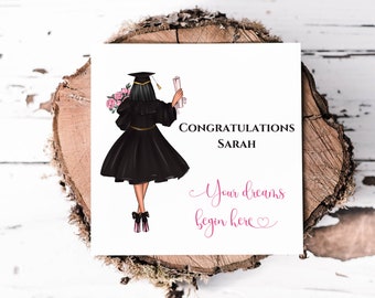 Graduation Card For Her Personalised With Name Hair Colour, Your Dreams Begin Here Graduation Card For Her, Congratulations On Graduating