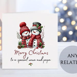 Tarjeta navideña de Nana y Papa con una linda pareja de muñecos de nieve, tarjeta navideña para abuelos especiales, cambia las relaciones para adaptarse al destinatario