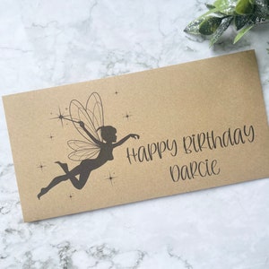 Envelopes de presente personalizados para aniversário de meninas, carteira de dinheiro de silhueta de fada personalizada com nome de meninas, presentes de aniversário personalizados