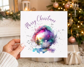 Merry Christmas Card, Colourful Watercolour Bauble Christmas Card, Purple Pink Teal Festive Card, Modern Christmas Greeting Card