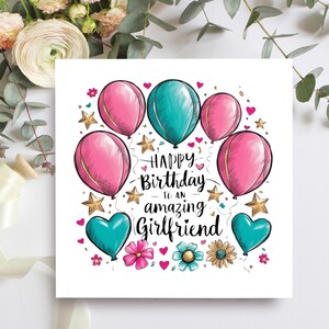 Biglietto di auguri per il compleanno della fidanzata, biglietto di auguri per il compleanno di una fantastica fidanzata con design di palloncini rosa e turchesi, biglietti di auguri per il compleanno di lei