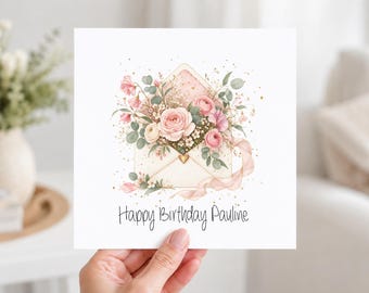 Personalised Birthday Card for Her, Floral Name Birthday Card, Pink Rose Birthday Card, Custom Card for Mum Sister Daughter Friend