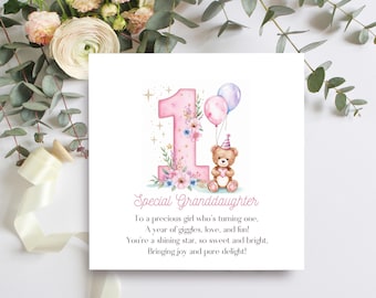 Biglietto di auguri per il primo compleanno della nipotina: orsetto di peluche con fiori, ricordo speciale