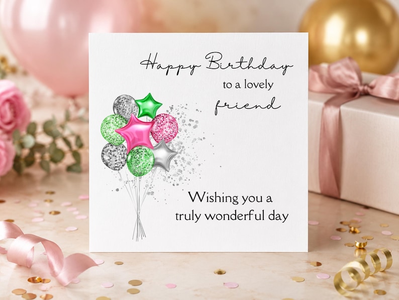 May include: A square white greeting card featuring the text Happy Birthday to a lovely friend and Wishing you a truly wonderful day. A cluster of illustrated balloons in shades of pink, green, silver, and glittery textures is printed on the left.