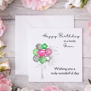 Bellissimo biglietto d'auguri Gran con palloncino glam rosa verde argento, grazioso biglietto d'auguri con stampa di alta qualità su carta di lino per una finitura di lusso
