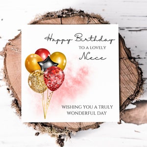 Preciosa tarjeta de cumpleaños para sobrina con glamorosos globos rojos y dorados, bonita tarjeta de cumpleaños con impresión de alta calidad en tarjeta de lino para un acabado de lujo
