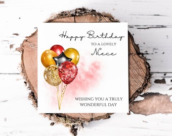Lovely Niece Birthday Card With Glam Red and Gold Balloons, Pretty Birthday Card High Quality Print On Linen Card For Luxury Finish