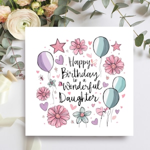 Verjaardagskaart voor dochter, gefeliciteerd met je dochter, kaart met roze en turkoois ballonontwerp, verjaardagskaarten voor haar