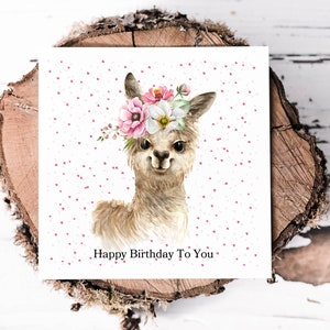 Jolie carte d'anniversaire de lama avec couronne de fleurs pour elle, jolie carte avec des confettis roses pour fille, nièce, soeur, petite-fille, anniversaire de fille
