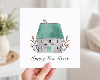 Geïllustreerde wenskaart voor een nieuw huis in cottage-stijl, felicitatiebericht voor een housewarming.