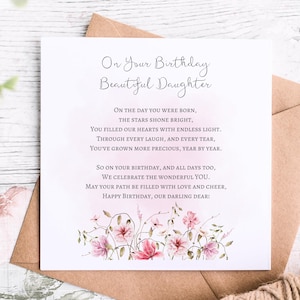 Lindo cartão de aniversário para filha com flores silvestres rosa e poema sincero, cartão de aniversário floral feito à mão, presente sentimental para filha