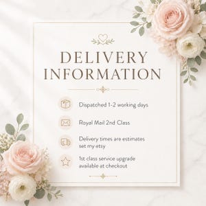 May include: A square sign with a white background and a thin gold border, decorated with pale pink and white roses in the top right and bottom left corners. The text reads DELIVERY INFORMATION, followed by four bullet points with icons.