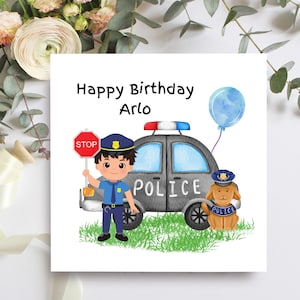 Carte d'anniversaire personnalisée sur le thème de la police pour les enfants, jolie carte pour fils, petit-fils, neveu ou filleul, carte d'anniversaire de policier avec nom et âge