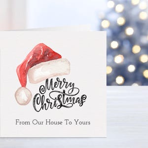 Cartão de Feliz Natal para família, amigos ou vizinhos, Feliz Natal da nossa casa para a sua, Cartão de Natal com chapéu de Papai Noel festivo,