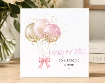 Niece Birthday Card, Happy Birthday To A Wonderful Niece Card With Pink and Gold Balloon Bunch, Cards For Her, More Relations Available
