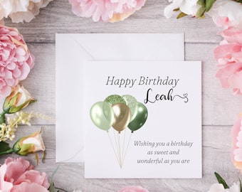 Personalised Birthday Card For Her With Sage Green Gold Balloon Bunch, Beautiful Custom Printed Birthday Card For Friend, Sister, Daughter