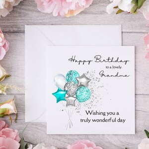 Carte d'anniversaire glam turquoise argentée avec ballon pour une belle grand-mère, carte d'anniversaire avec bouquet de ballons dans de superbes couleurs imprimée sur du lin