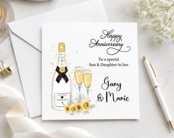 Son and Daughter-in-Law Anniversary Card , Personalised Champagne Celebration Greeting