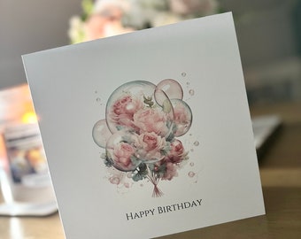 Floral Birthday Card With Beautiful Blush Pink Roses and Greenery, Pretty Birthday Card For Her, Blank Inside For Your Own Message