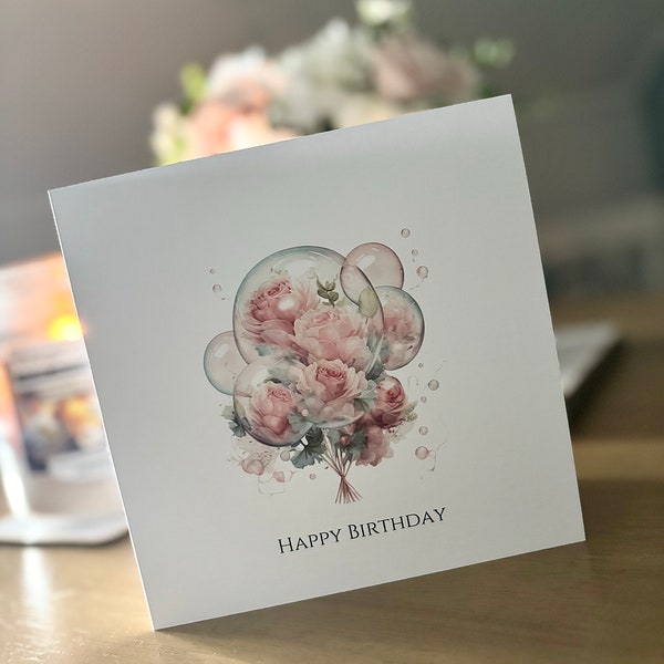 Floral Birthday Card With Beautiful Blush Pink Roses and Greenery, Pretty Birthday Card For Her, Blank Inside For Your Own Message