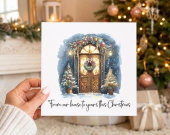 From Our House To Yours Christmas Card, Festive Front Door Card, Watercolour Christmas Card, Neighbour Family Xmas Greeting Card