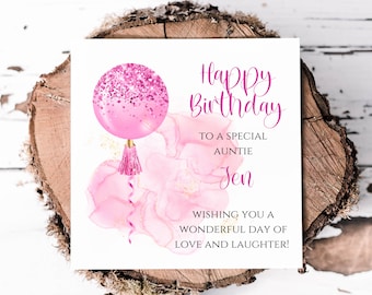 Personalized Auntie Birthday Card:  Pink Orb Balloon Design For Her