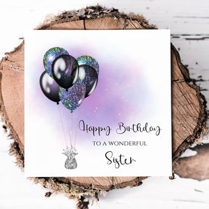 Carte d'anniversaire pour soeur avec ballon imprimé pailleté, jolie carte d'anniversaire pour elle, ballon imprimé effet pailleté