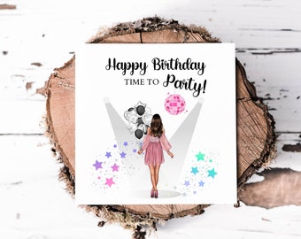 It's Time To Party Birthday Card For Her With Disco Ball and Spotlights On The Birthday Girl, Party Theme Card For Friend, Daughter, Sister