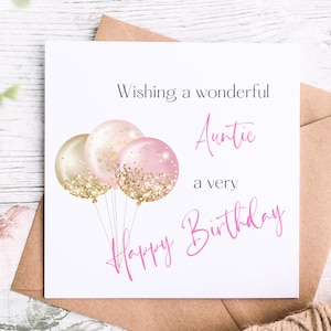 Meraviglioso biglietto di auguri per il compleanno della zia con palloncino rosa e oro per una bella zia, grazioso biglietto di auguri per il suo giorno speciale