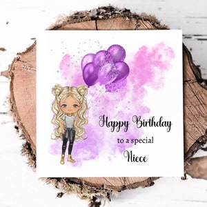 Carte d'anniversaire pour une nièce spéciale avec des ballons violets à effet scintillant, à personnaliser avec un choix de couleurs de cheveux et d'yeux pour changer de poupée,