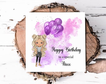 Birthday Card For A Special Niece With Purple Printed Glitter Effect Balloons, Personalise With Choice Of Doll Change Hair and Eye Colour,